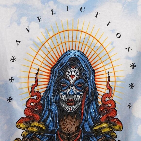 Affliction Sugar Skull T Shirt Mens Size Medium Blue Black Label Rhinestones - Picture 6 of 10